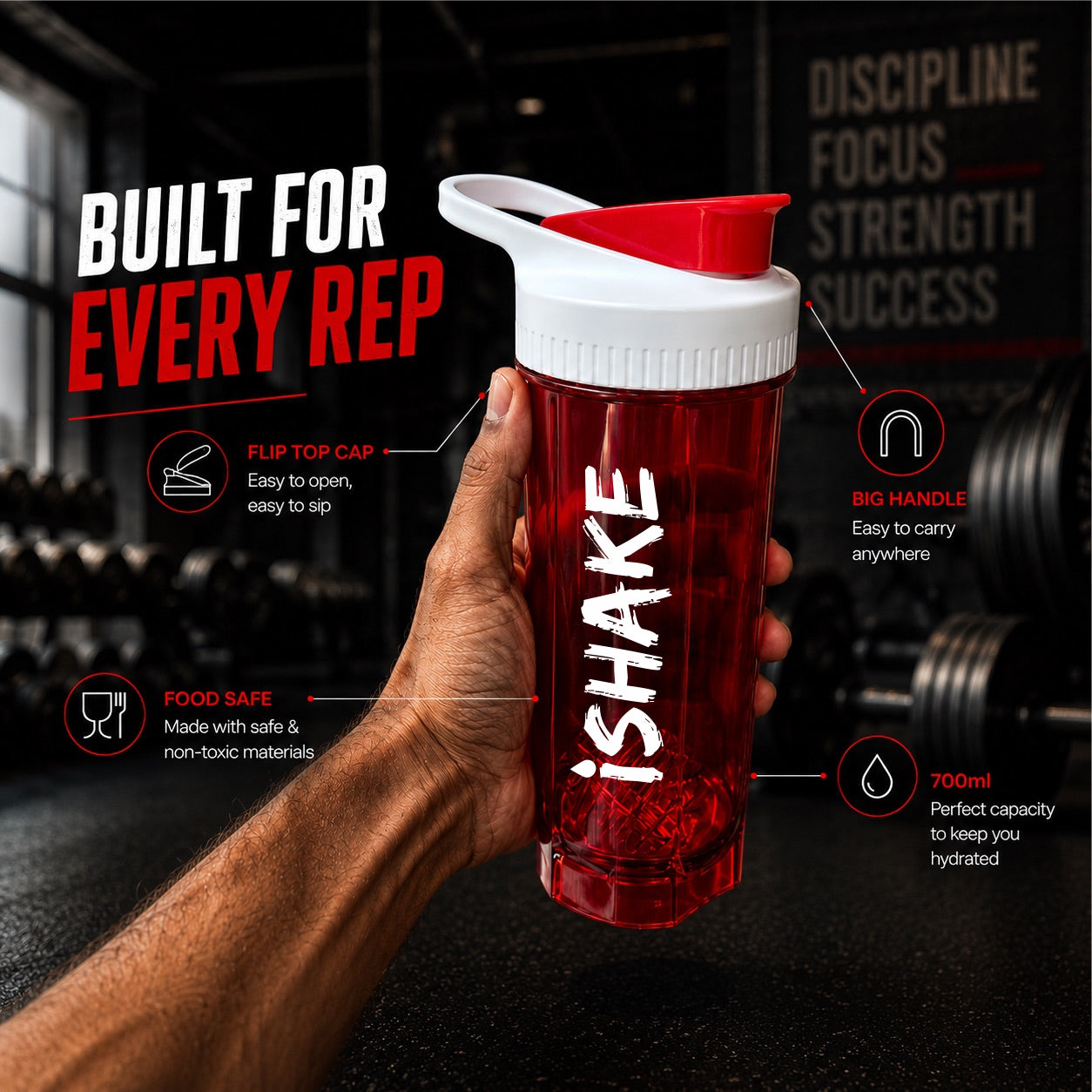 iShake Roadies Premium 700ml Shaker Bottle - Red