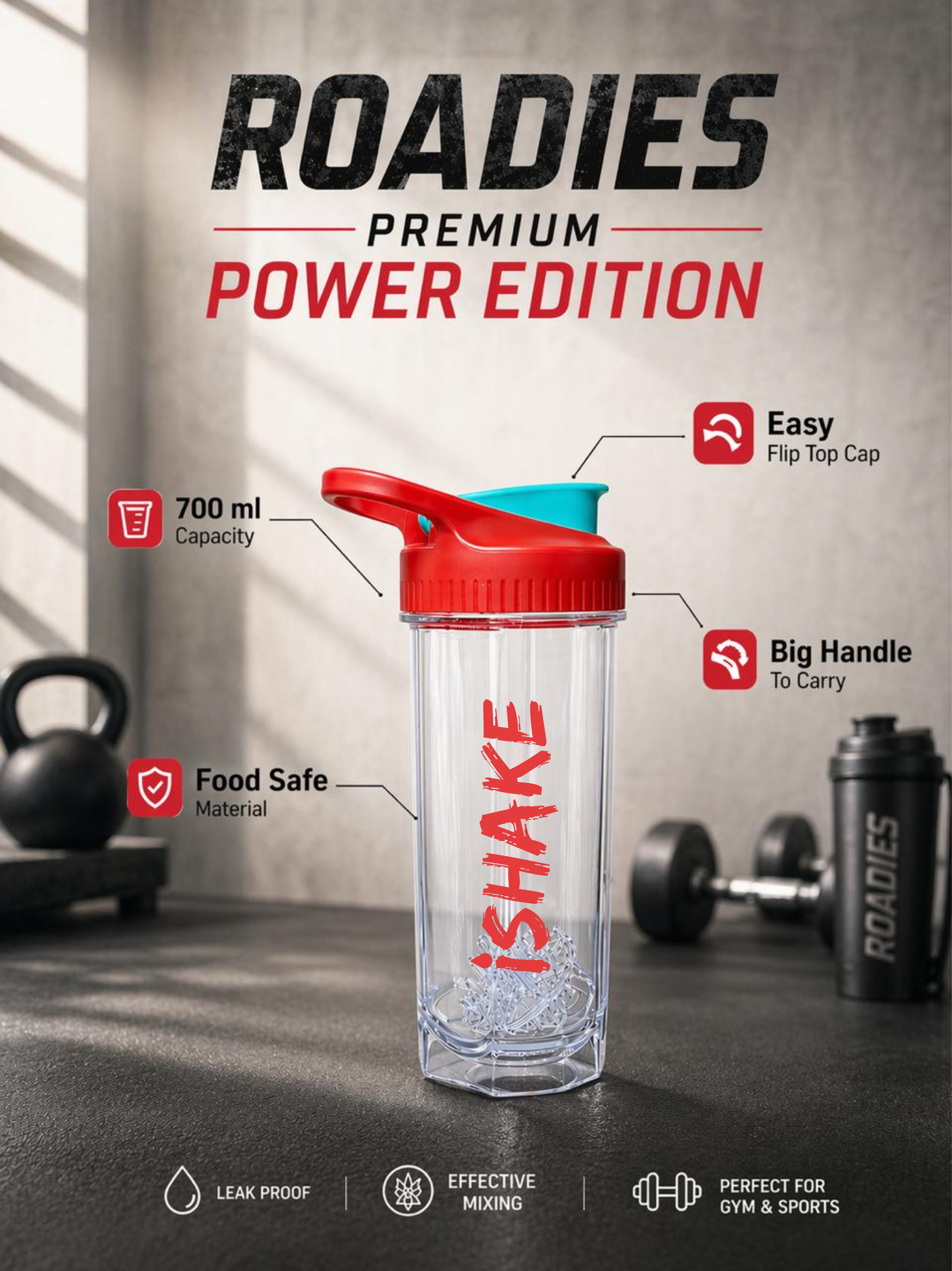 iShake Roadies Premium 700ml Shaker Bottle - Red Blue